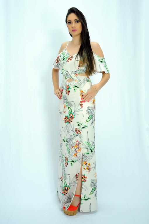 vestido longo com fenda florido